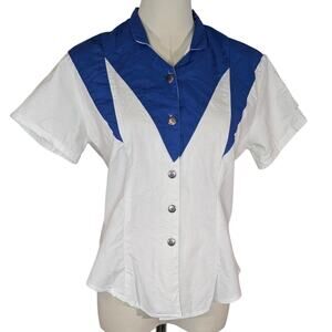 Vintage 90s Western Shirt Rough Rider Blue White Rodeo Button Down Sort Sleeve